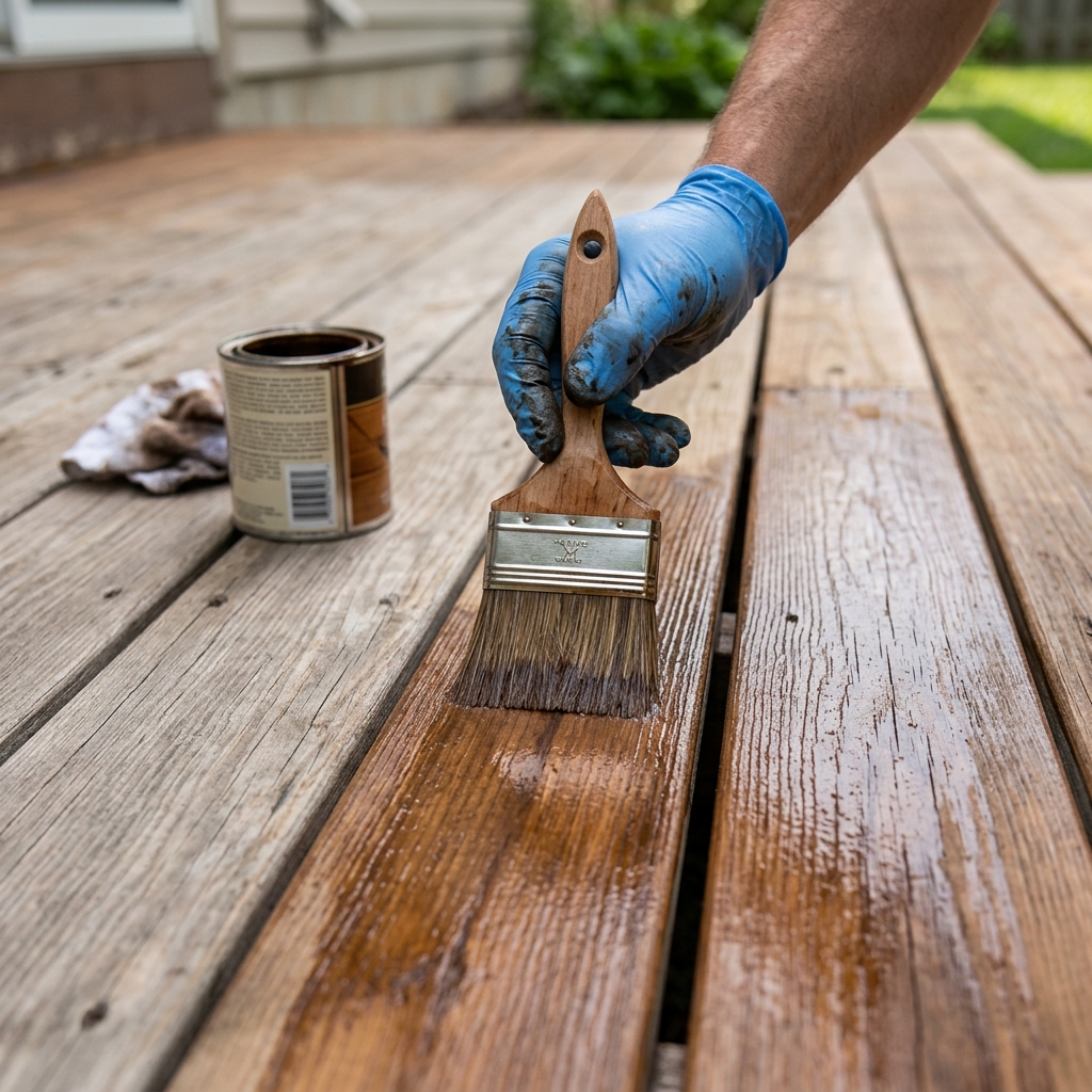 Wood deck being restored and stained with a brush